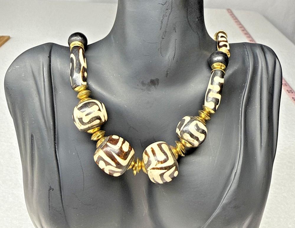 Tribal Wood Beaded Statement Necklace Black Cream Brown Boho Artisan Vintage