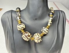 Tribal Wood Beaded Statement Necklace Black Cream Brown Boho Artisan Vintage