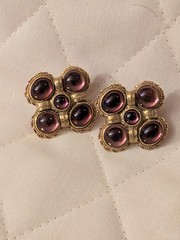 Vintage Purple Glass Round & Oval Cabochons Gold Toned Pierced Post Earrings