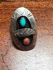 Nice NAVAJO STERLING SILVER TURQUOISE CORAL RING OLD PAWN SIZE 5.5