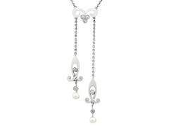 Antique Pearl & 0.24 Ct Diamond 14k Yellow Gold & Platinum Necklace Art Nouveau