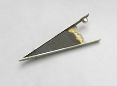 Vintage Modernist 18K Gold Sterling Silver Pearl Large Brooch 3 1/8″ Signed CCQ
