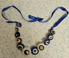 BEAUTIFUL ARTISIAN MADE VINTAGE JULIET BUTTONS w/BLUE SATIN RIBIN NECKLACE
