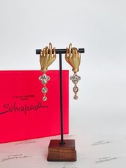 Schiaparelli Gold Tone Hand Clover Drop Earrings