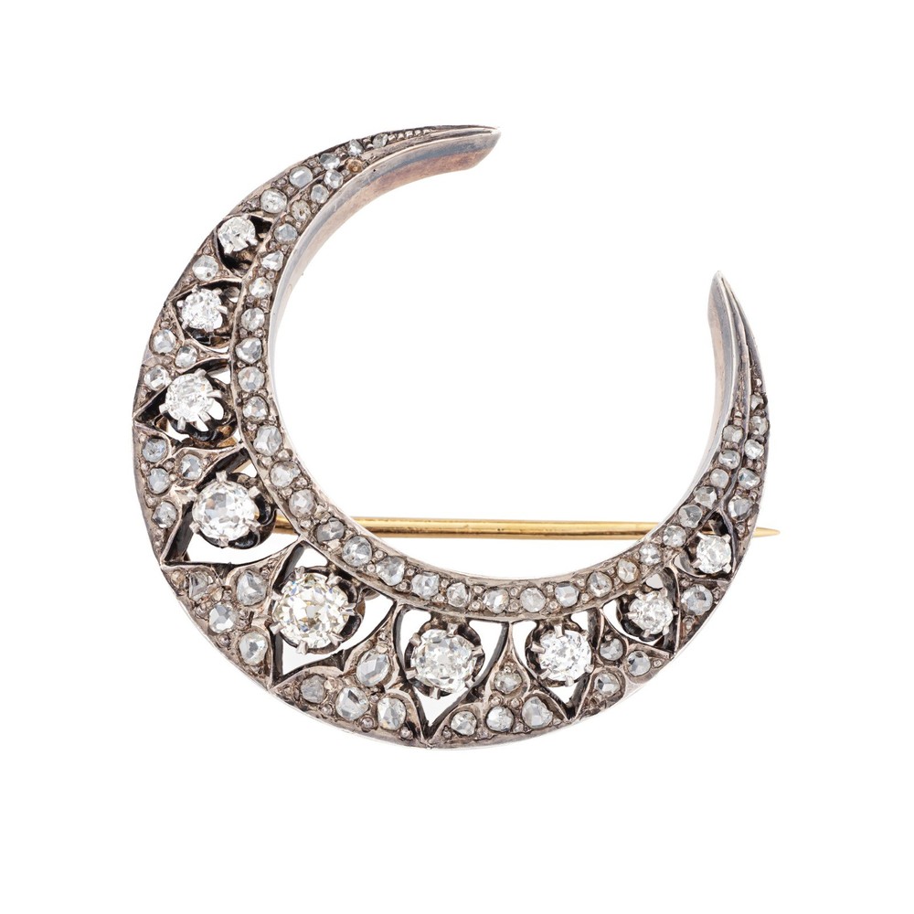 Antique Portuguese 1.50ct Diamond Crescent Moon Brooch 19k Gold Silver Jewelry