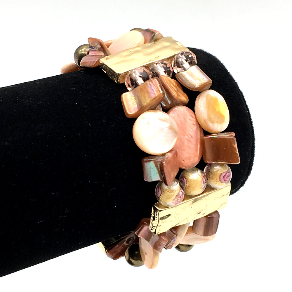 Filigree Glass Bead MOP Bead CopperTone Bead GT Spacer Bar Stretch Bracelet