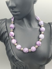 Vintage Purple Silk Wrapped Bead Necklace White Swirl Silver Tone Spacers 22″