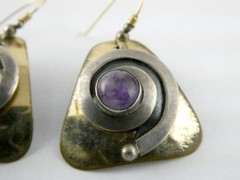 Vintage Artisan Made Mixed Metals Sterling Silver Amethyst Hook Earrings 13.9g