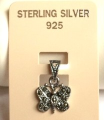 Vintage Sterling Silver Marcasite Butterfly Necklace 18″ Pendant Dainty Black