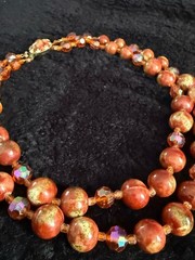 Vintage West Germany Glass Bead Necklace Pink Orange AB Crystal Double Strand