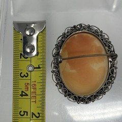 Victorian Antique Silver Tone Filigree Cameo Pink White Lady Carved Shell Brooch