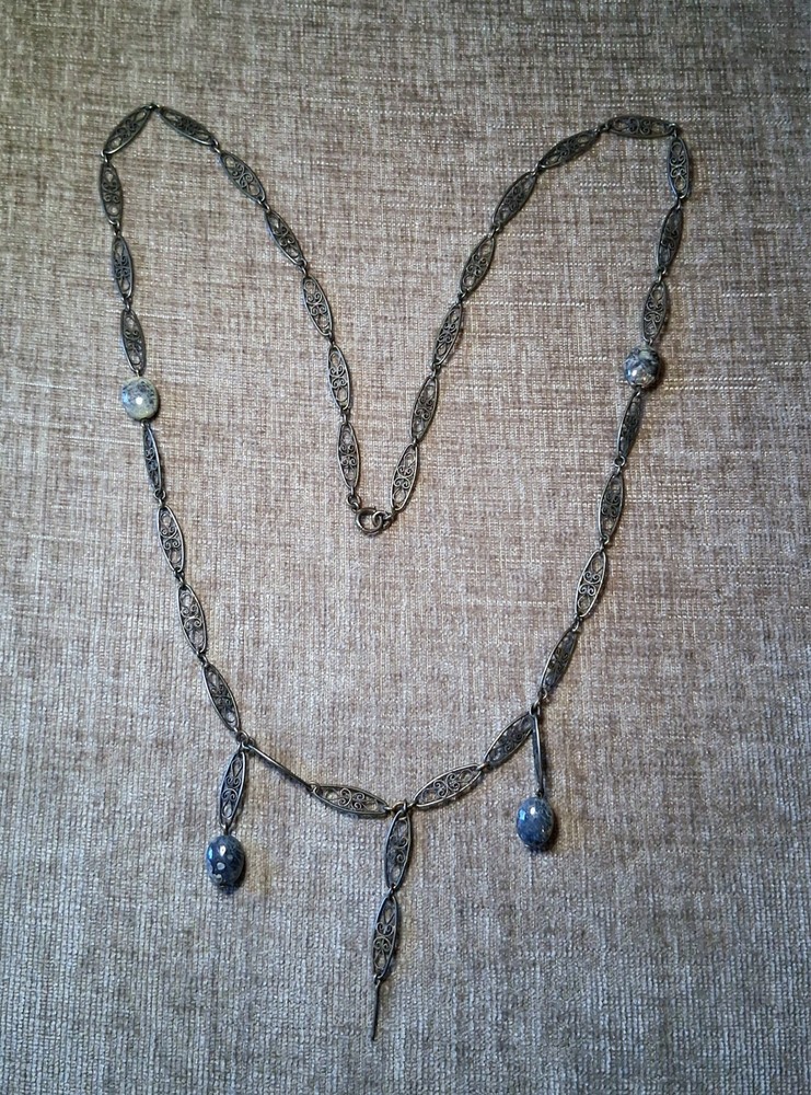Antique Victorian 800 Silver Filigree Chain 31-32″ Missing Bead See Pics/Descrip