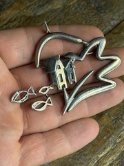 Huge Vintage Modernist Sterling Silver Studio Brooch Abstract House & Fish 2.5″