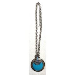 Vintage Turquoise Pendant Necklace Silver Tone Marcasite Style Thick Oval Link