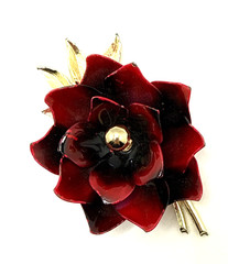 Vintage CORO Red Black Enamel Flower Pin Brooch Floral Statement Signed 3 1/8″
