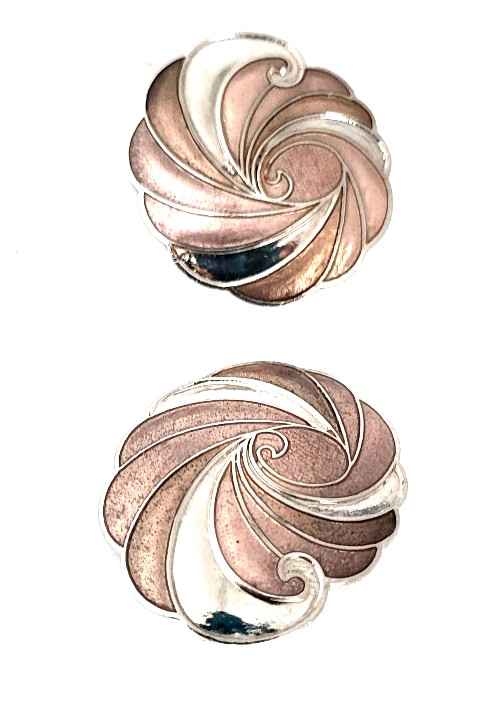 Vintage Sea Gems Textured Mauve & Bronze Enamel Silver Tone Swirl Earrings 1.25″