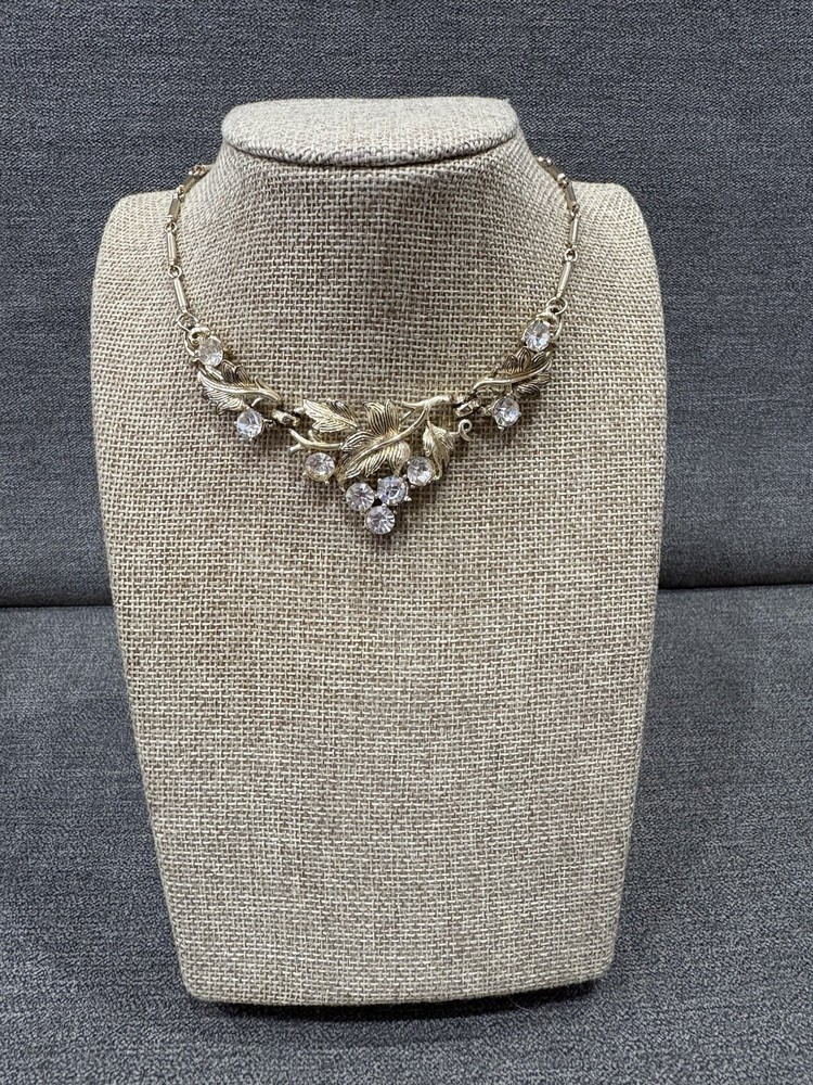 Coro Gold-Tone Floral Leaves Choker Necklace w/ Clear Rhinestones Vintage MCM