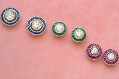 ART DECO STYLE .55 ctw DIAMOND w/ SAPPHIRE HALO PLATINUM EVERYDAY STUD EARRINGS