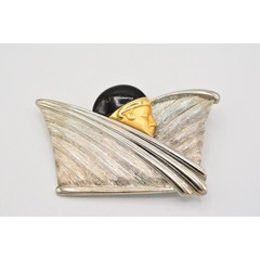 Vintage Face Abstract Pin Brooch Brushed Gold Black Silver Chunky 1980s BinAJ