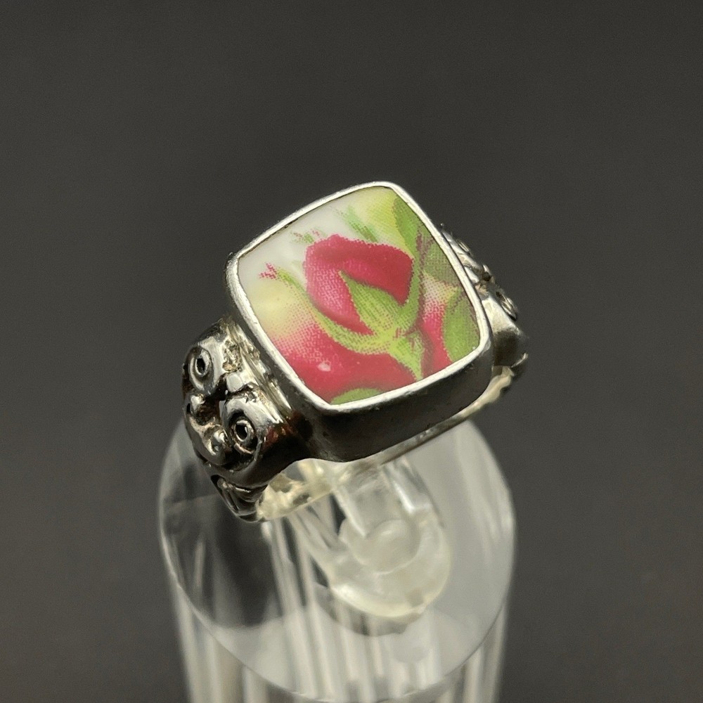 Sterling Silver Rosebud Flower Ring Ceramic Jewelry Cottage Vintage Fuchsia
