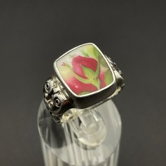 Sterling Silver Rosebud Flower Ring Ceramic Jewelry Cottage Vintage Fuchsia