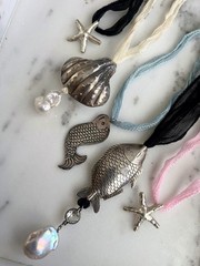 Vintage Fine Sterling Seashell Pendant Baroque Pearl Silk Cord Sea Goth Necklace