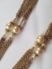 Vintage 54″ Multi Chain Necklace Faux Champagne Pearls Rhinestones Germany