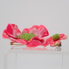 Vintage Neon Pink Green High Relief Resin Flower Pin Brooch Clip Earring Set