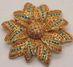 Vintage Gold Tone Pink Peach And Blue Beaded Large Sunflower Brooch