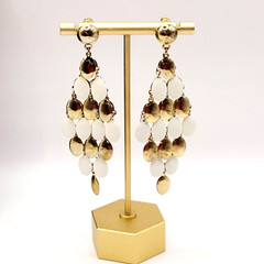 White & Gold Tone Metal Chandelier Cascade Dangle Vintage Earrings Ballroom