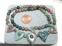 Pink Green Agate Stone Carved Heart Pendant Bead Strand 18″ Necklace Cf 68