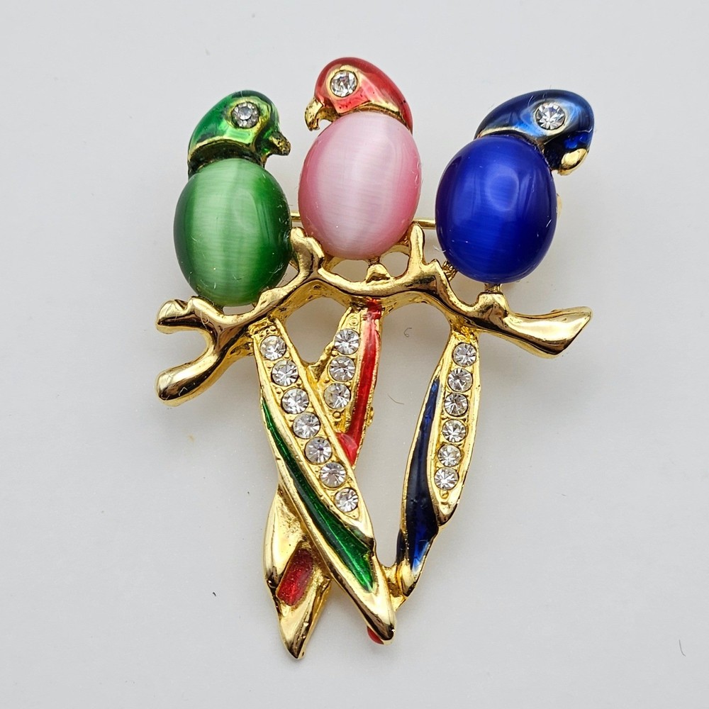 Parrot Jelly Belly Bird Brooch Rhinestone Cats Eye Cabochon Tropical Pin