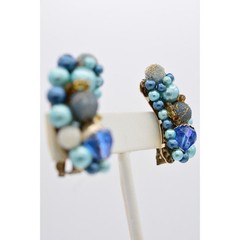 Japan Vintage Beaded Clip On Earrings Blue Crystal Cluster Chunky Signed BinU