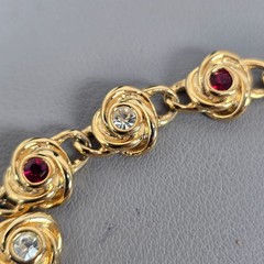 Vintage Gold-Tone Floral Bracelet W/ Whiter/Red Austrian Crystals & Original Box