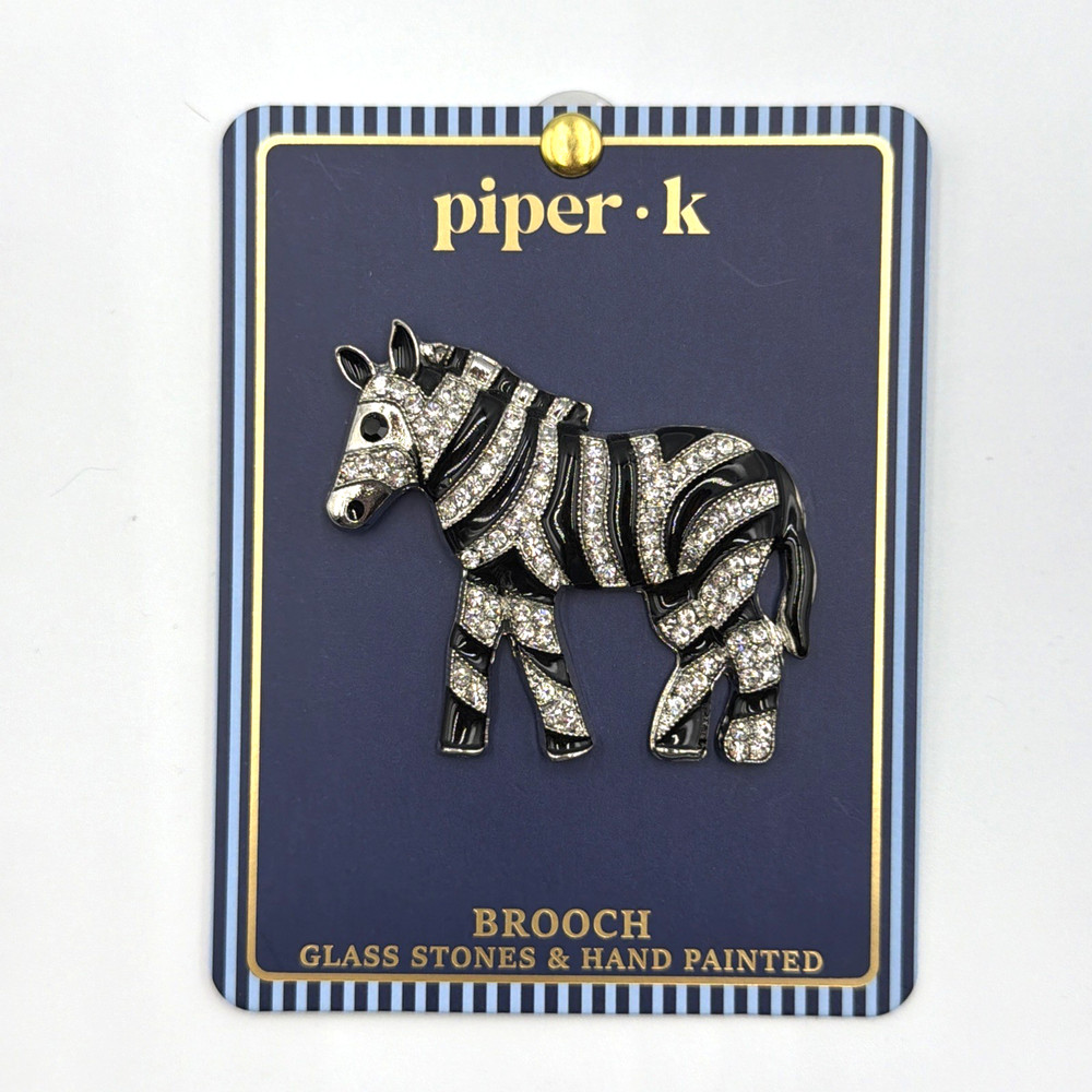 Piper K Zebra Brooch Glass Stones & Hand Painted (2.5″ x 2″) **NEW ON CARD**