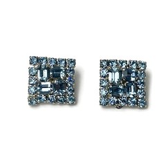 Sparkly Sky Blue Rhinestone Clip Earrings Mid-Century Prong Set Rhodium Plated