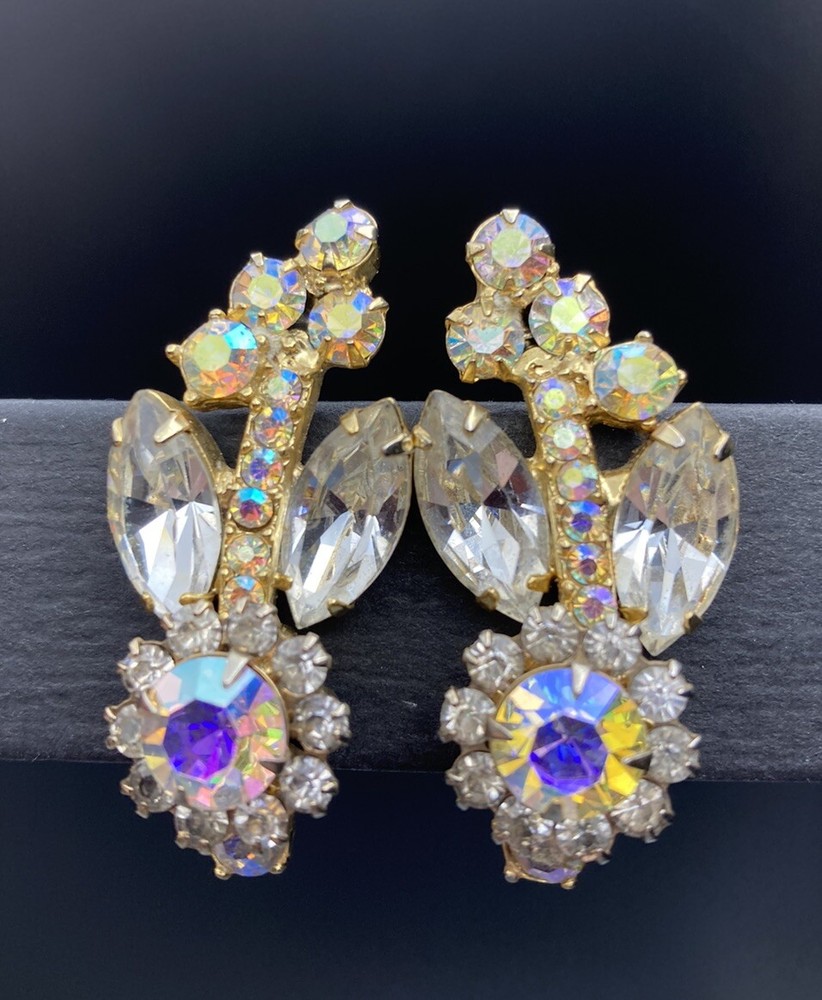 JULIANA D&E Book Piece AB Rhinestone FLOWER Shape CLIMBER Clip Earrings Ref 4724