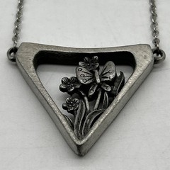 Vintage Medici Pewter Floral Butterfly Pendant Necklace, 18” Long