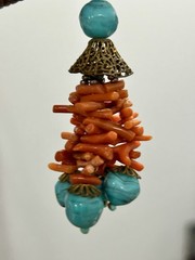 Vintage Coral And Art Glass Earrings Orange Turquoise Summer Beach Hot Dangle