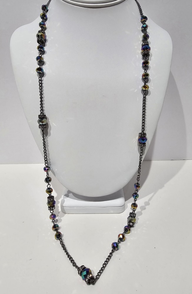 Aurora Borealis/Gun Metal Chain 32″ Necklace Accented W/Jeweled Rondelles