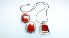 Mexican Sterling Red Stone Silver Necklace & Pierced Earrings 925 Lot