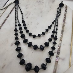 Vintage Black Faceted Crystal Glass Mourning Flapper Necklace Layered 26 In Deco