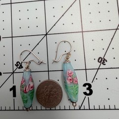 Vintage Sterling Silver Art Glass Floral Rose Dangle Earrings Venetian Style