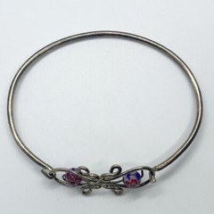 VTG MILLEFIORI RED BLUE SILVER BANGLE BRACELET TENSION HOOK CLASP FLORAL