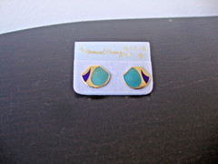 VINTAGE SAMUEL HUANG DESIGNER CLOISONNE RETRO MOD AQUA & COBALT STUD EARRINGS