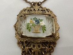 Vintage Art Deco Revival Brass Filigree Glass Flower Basket Tassel Necklace 16”