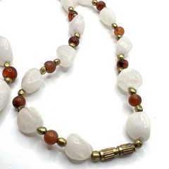 VTG White Jadeite & Carnelian Bead Necklace 29in Gemstone Nugget Strand TESTED