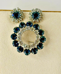 Vintage Dark Blue and Clear Circular Brooch and Earring set