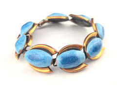 Vintage Mid Century Modern Robins Egg Blue Enamel Copper Panel 7″ Bracelet