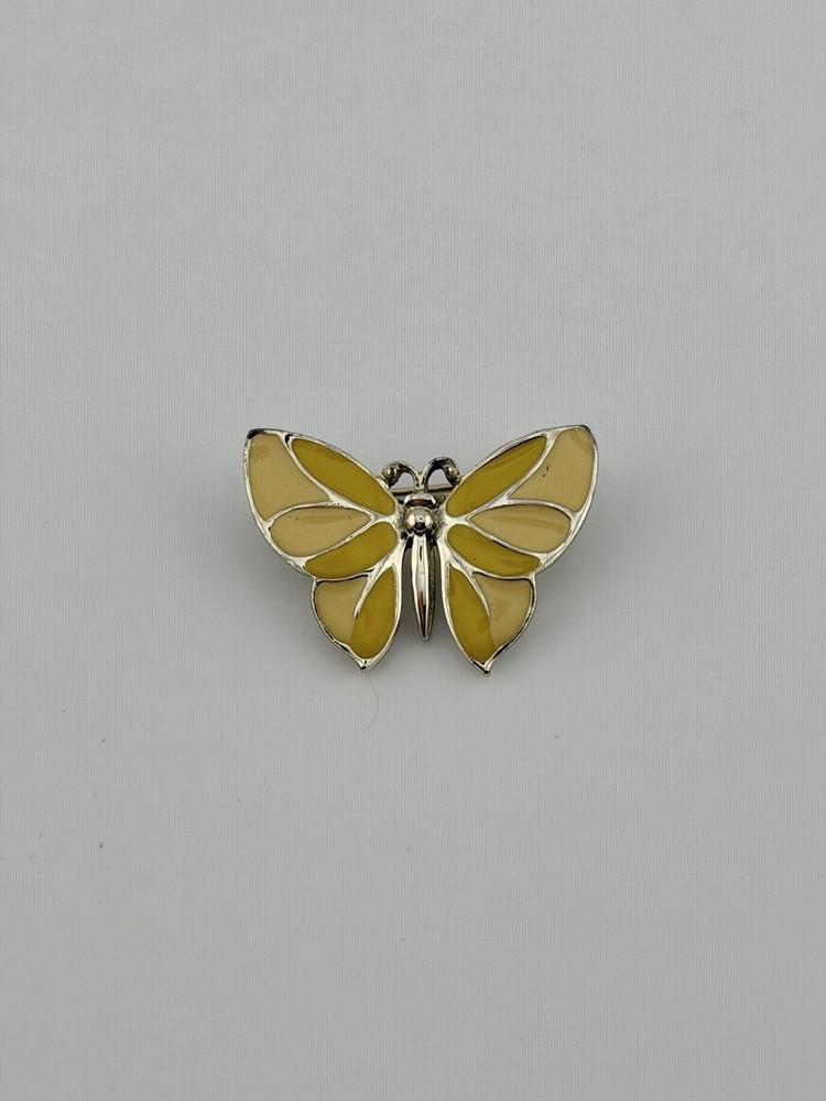 Vintage Pale Gold Tone Yellow Enamel Butterfly Brooch 1.25” 8.2g
